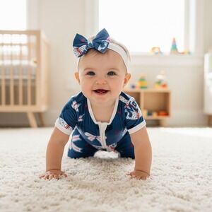 NWT Mama Baseball Bow Baby Romper Bamboo Outfit Navy Blue 9 12 months Zip Up